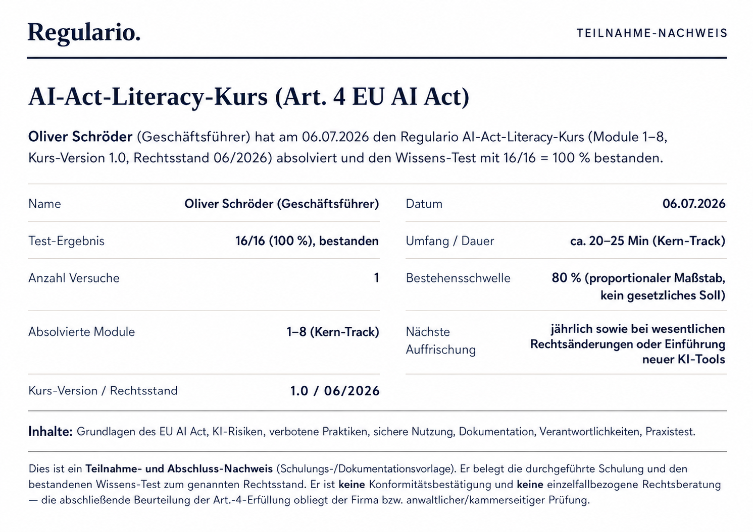 Muster des persönlichen Teilnahme-Nachweises für den Regulario AI-Act-Literacy-Kurs