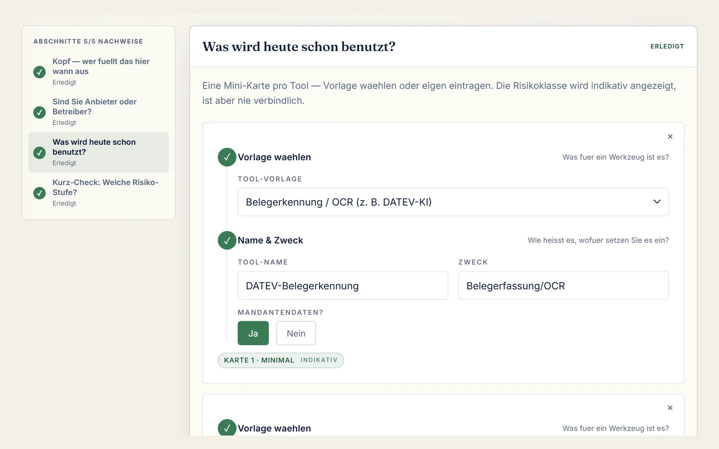 Cockpit-Ansicht zur geführten Erfassung eines KI-Tools mit Demo-Daten