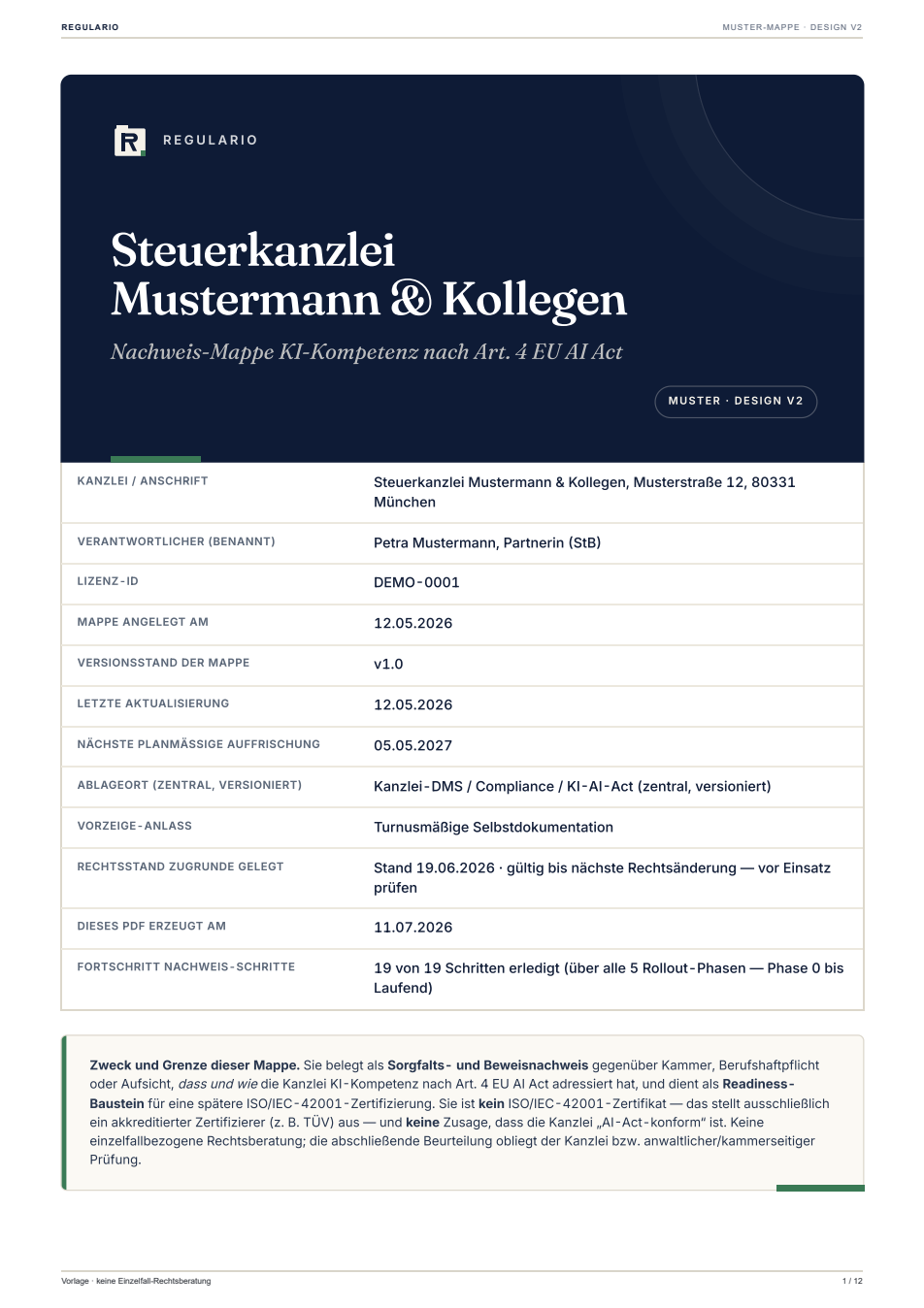 Deckblatt der fiktiven Regulario Muster-Mappe
